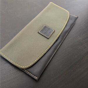 Dooney & Bourke Olive and Black Leather Envelope Clutch wallet Yellow Stitching